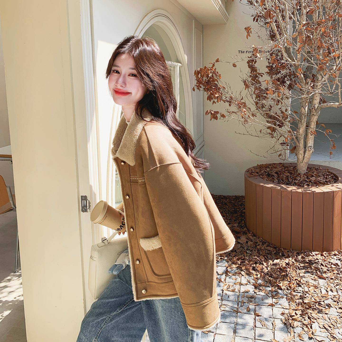 咖色复古羊羔毛翻季领0外套女2C079-45525冬小个子保暖加厚仿短皮