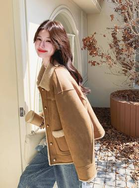 咖色复古羊羔毛翻季领0外套女2C079-45525冬小个子保暖加厚仿短皮