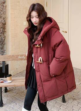 红色新羽绒服女冬季b267-800025款韩系设复古计感牛角2扣90白鸭绒