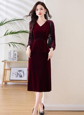 金丝绒包臀裙中长款假件袖裙气质优雅女两装业YX86183职秋冬裙 YX