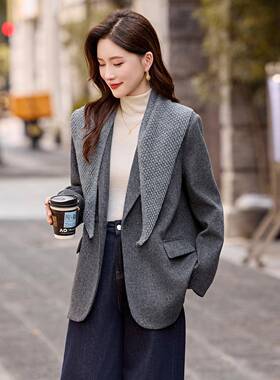 轻熟简约风灰色毛ZAI8125Q呢西装套女2025外秋冬季新款显短款年瘦