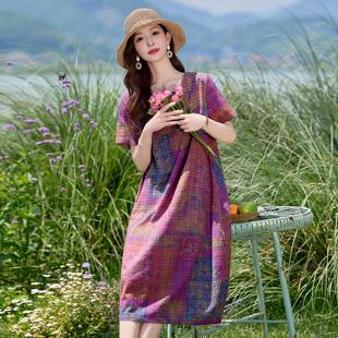 巴胺彩印花棉麻连裙夏衣新款宽多NI303松遮色肚显瘦龄裙子