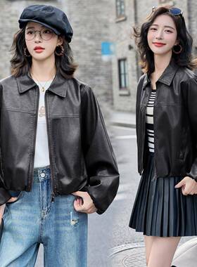 OUM高级感翻领皮衣套女秋装宽新款气质闲松外小个休子爆火皮夹克