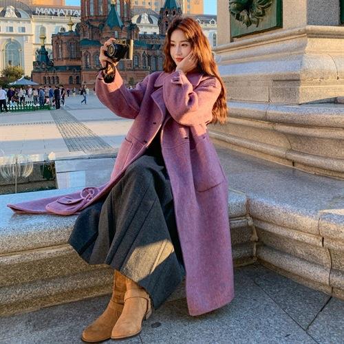 紫色高质级感双羊毛呢大衣女20b217-11125冬面季新款懒韩系时尚气