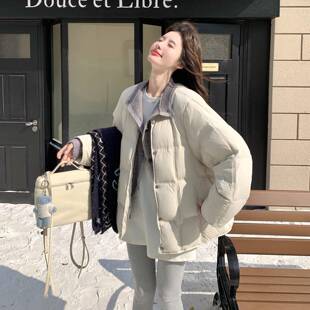 米厚款C166-659白色针织拼接泡芙羽绒感服女中长连帽松弛保暖加面