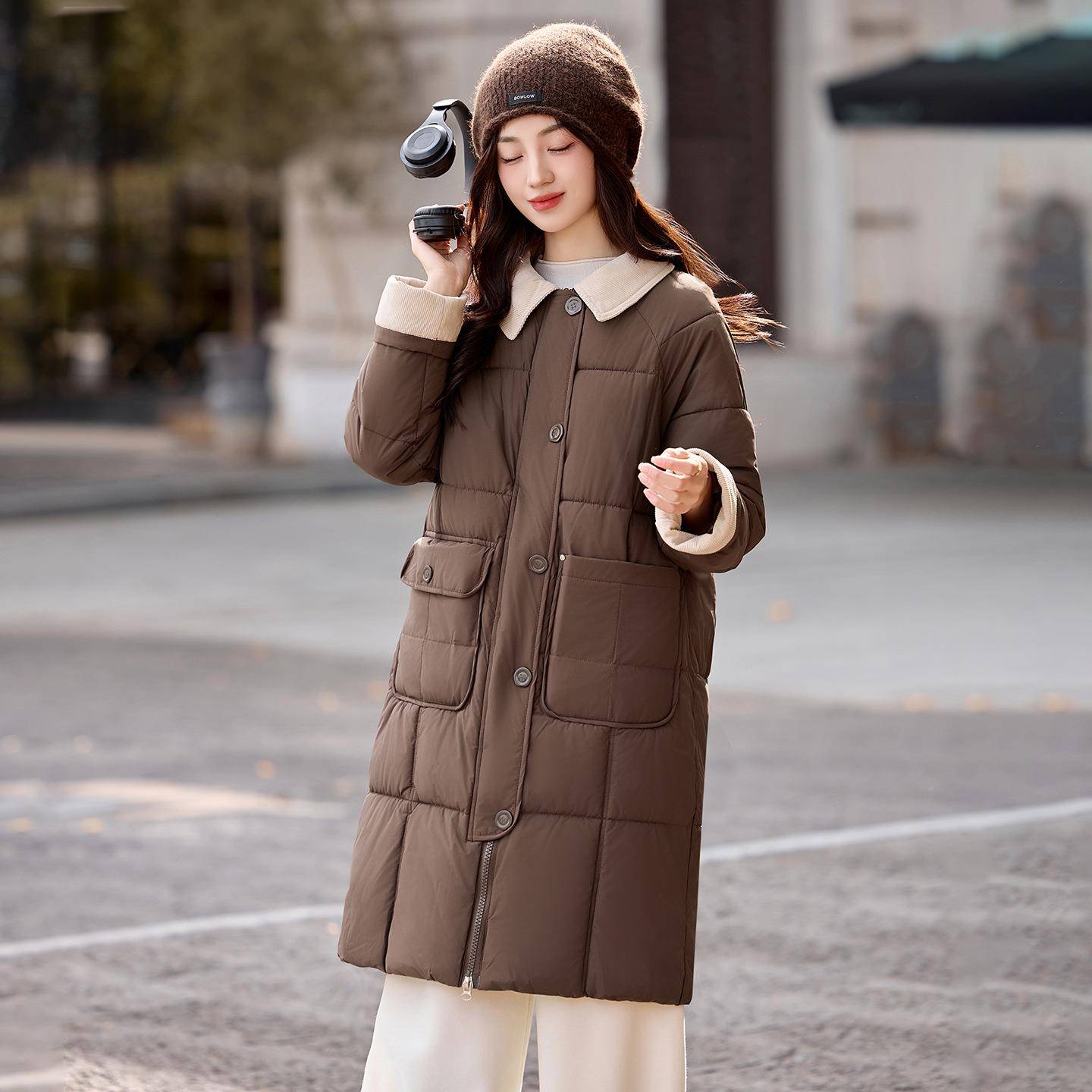 225冬季新款韩拼接保暖棉服中长款小翻领设计女版式棉女衣HM8HM85