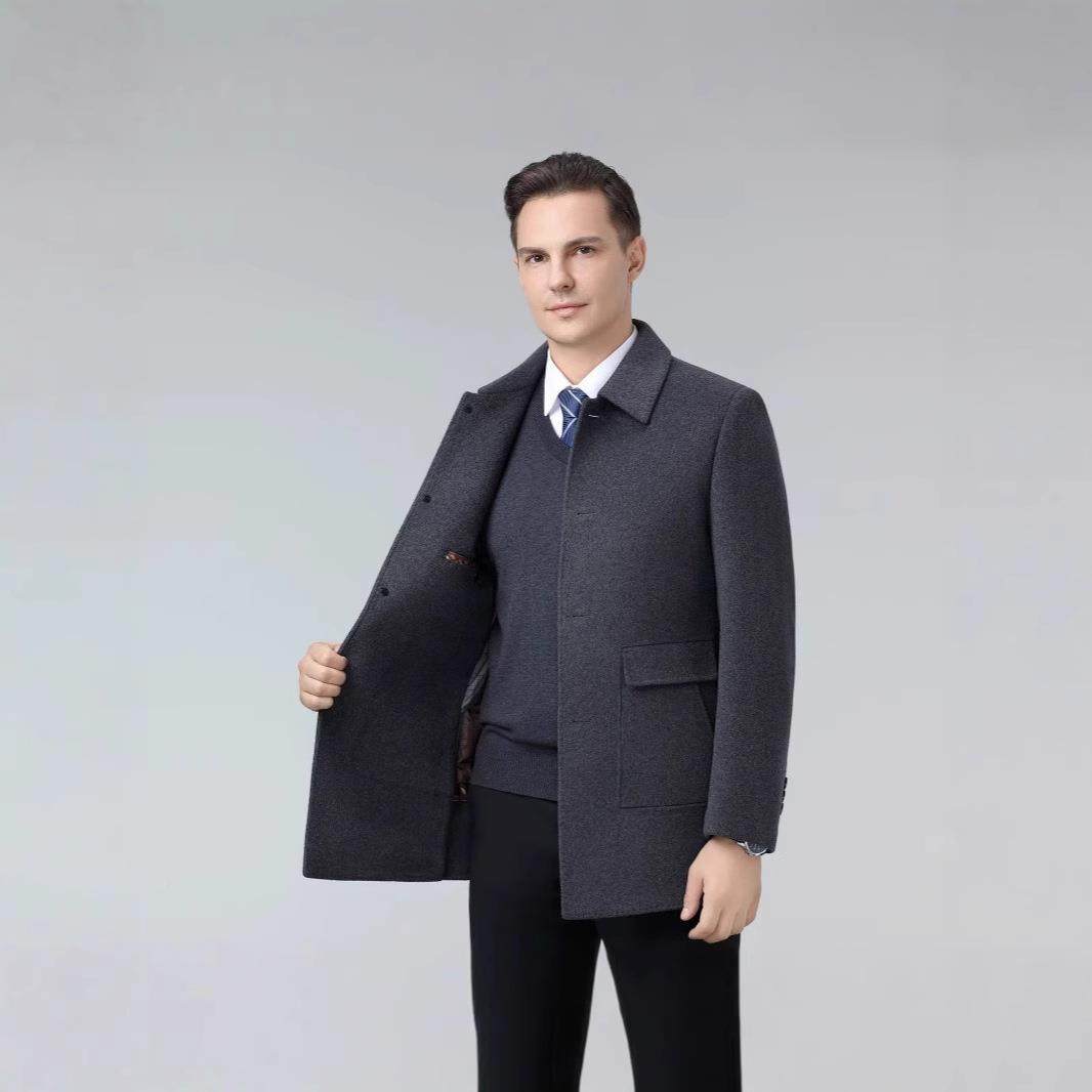 大224秋冬新款男男式双面呢羊毛衣中2269年士中0长款鸭绒内胆毛呢