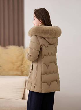 妈棉妈202冬装外套加厚羽绒服中棉老年衣中长款连帽收腰ZGUO78185