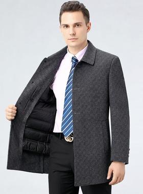 装新款长男士双面呢NVT羽绒中羊绒大衣款休闲翻领中老年毛呢冬外