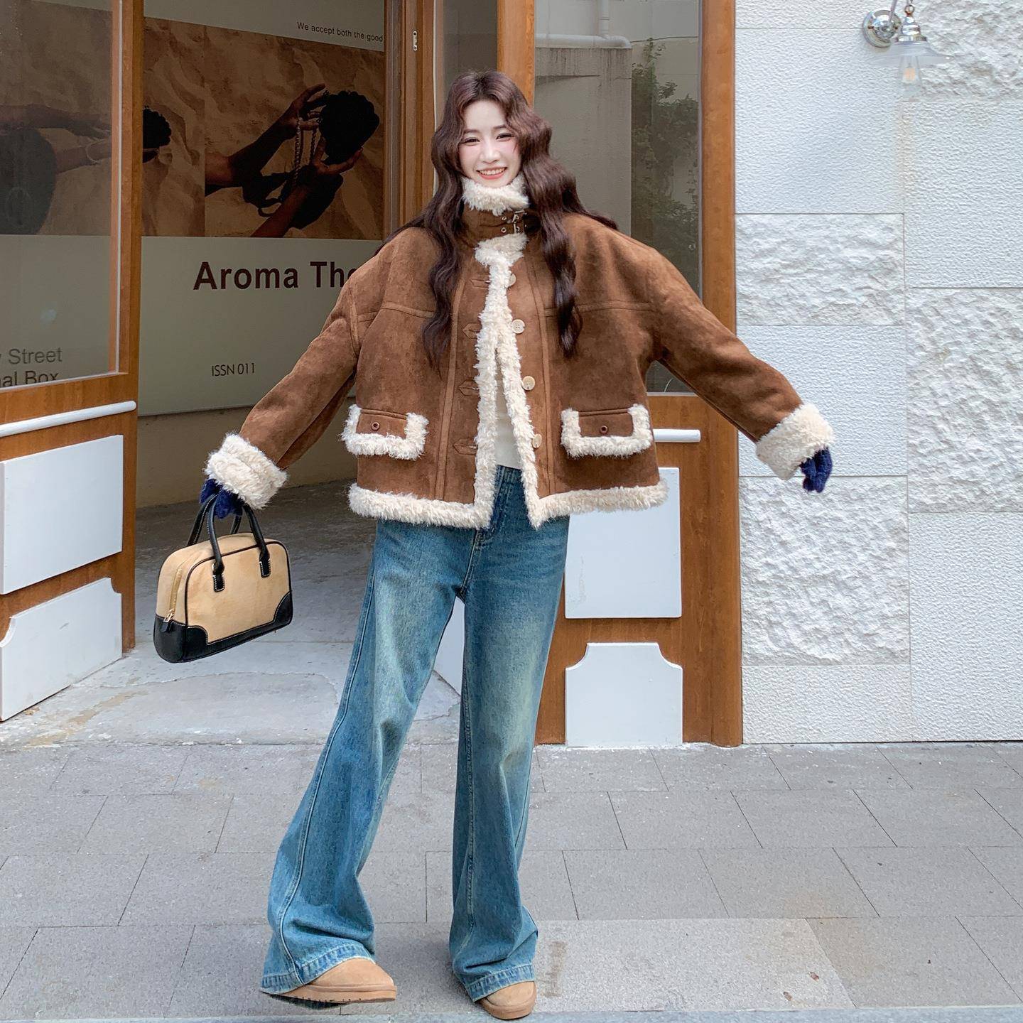 棕暖色羊羔毛外套女装冬季2b171-XW3复025款美拉德古加保宽松厚仿