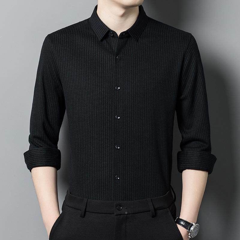 205-KK2025新款领男士羊绒衬衫翻端条纹长袖衬衣中年商务高免青烫