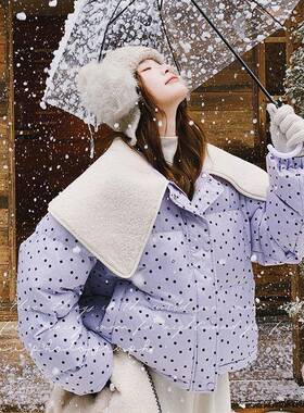 紫色子波羽绒服看女深冬超好小个短款洋气别致羊羔毛大翻领C021-3