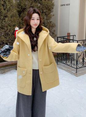 黄色显甜美减龄连帽好看呢子大B100-867衣女冬新小个子加厚款宽松