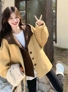 黄色假两件连帽双呢C113-180羊大衣女2绒025冬小季个子气质面减龄
