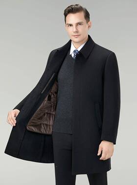 202中58303-C冬季双面呢外套男中长羽绒内胆脱卸年款爸可爸装羊毛