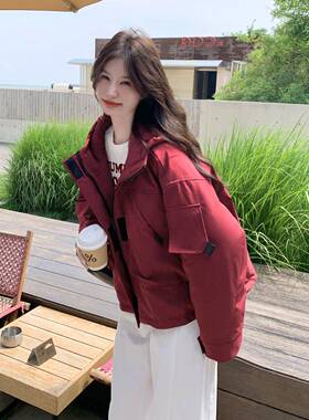 复古红色小工装羽绒服女冬0季新款225子个短D073-661款90白鸭绒连