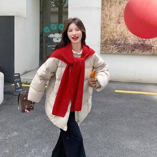米杏色D012-921羽绒服女季202休5新款韩系闲风针鸭织围巾白冬绒中