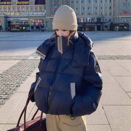 青色短款连帽羽绒服女冬季205藏新款小个子系韩B189-882爆款2巨好