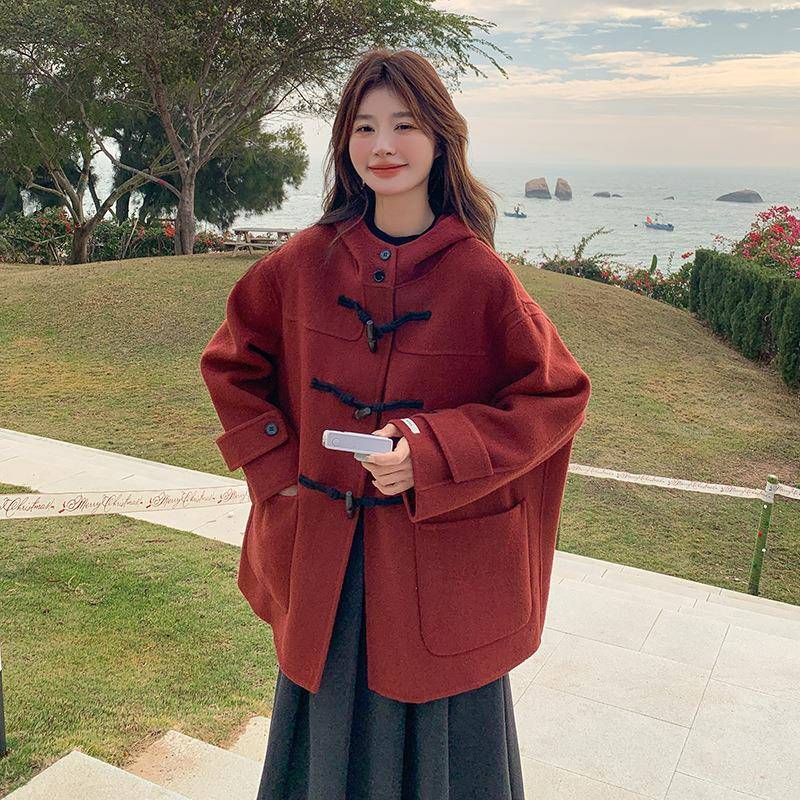 新红色双面羊绒大衣女秋冬2新025C009-991款小个子牛角年连帽扣羊