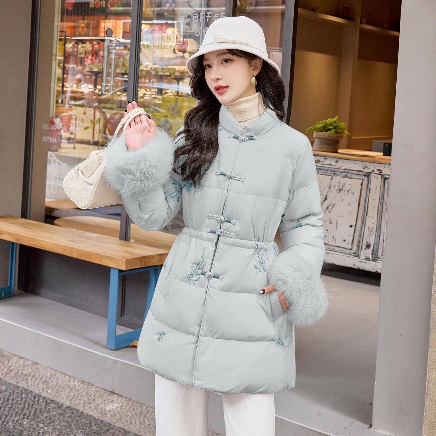 狐狸毛新中2式羽7绒服2025冬款刺绣长款90白鸭绒羽绒外套Y257752-