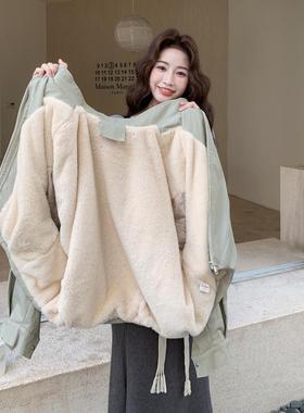 豆绿色加绒加厚工装派季克服c013-131外套女冬2025新短棉衣韩系款
