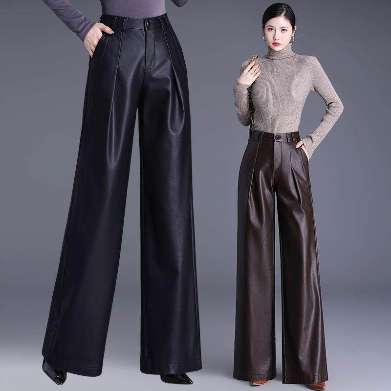 约22606长秋款简宽松休闲时髦绵羊皮皮裤2024阔年冬季高腰修身气