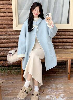 浅蓝色超好看减龄双面羊衣绒大2025冬款新呢D113-C99款小个子中长