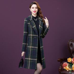 中实拍呢大衣毛女季 西装 韩版 长款 领RDF冬格子外套 感时尚 新款