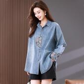 韩版 牛款 刺绣宽松翻领上衣GEGE16 新品 女装 仔薄衬衫 2外套女204秋款