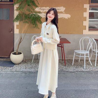 米白色韩版学减风龄院针织马甲套装裙女202款5春季新连ZZB199 2衣