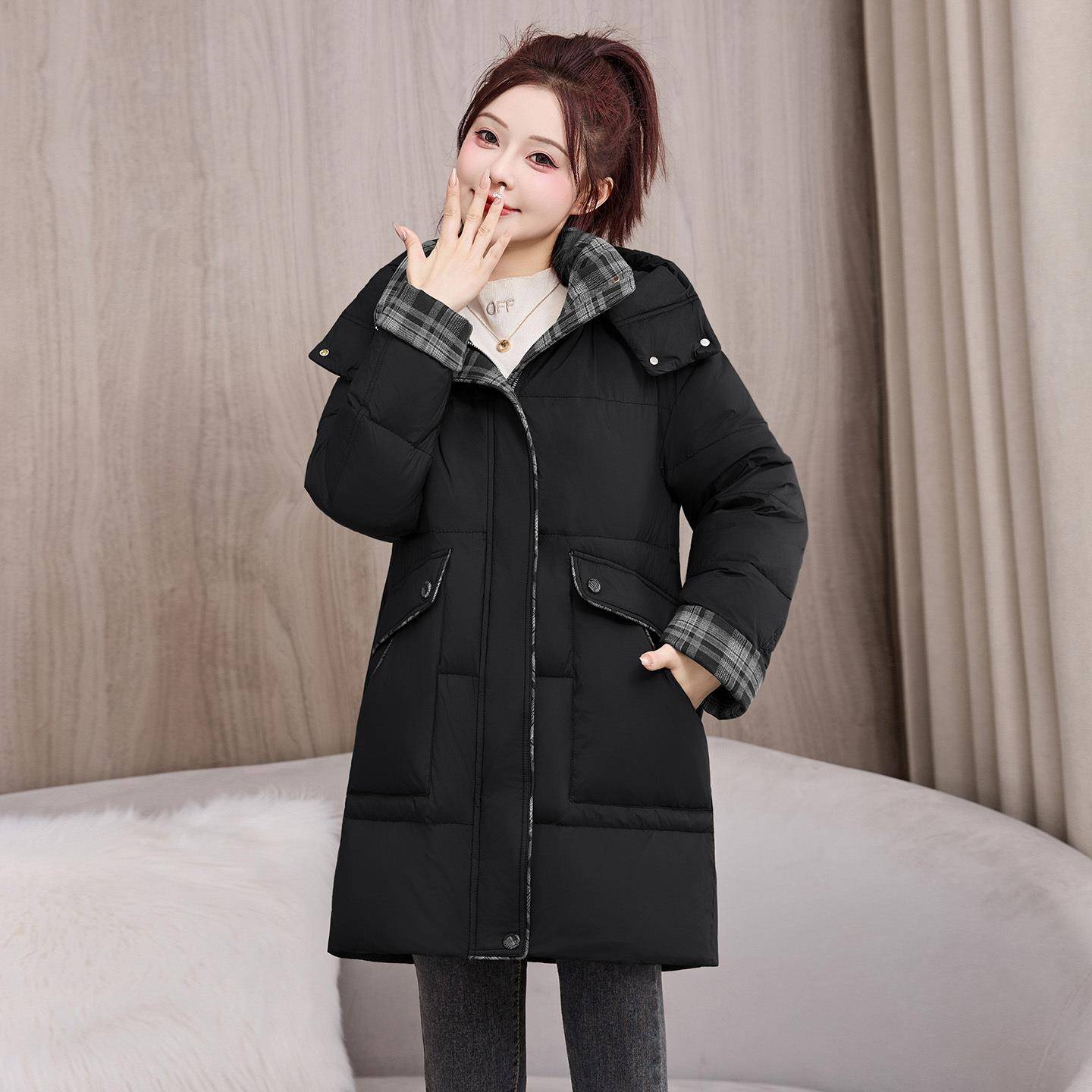 时尚羽绒棉服女中长款225冬新款0连服帽加厚格纹面外包棉ZMU6807D