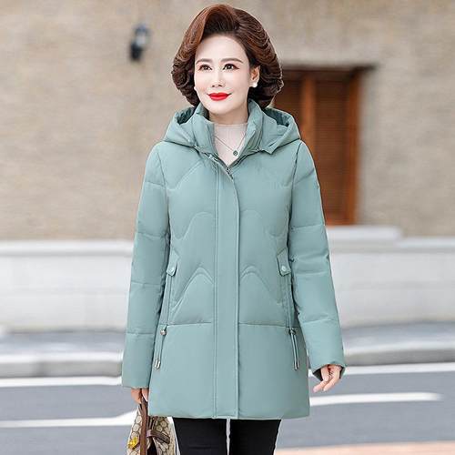 妈妈装羽绒服女冬装长款新款中老冬季连帽加年厚DUO暖白中鸭保绒