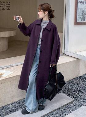 紫色超好看双面羊外毛呢大衣20款2新款女冬高级C220 L52感中长系5