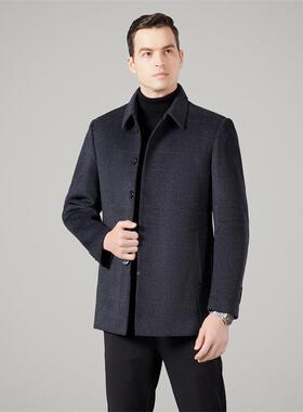 秋冬装男士双呢羊绒呢大衣绒UNW服毛中羽长款中年翻面领羊毛呢厚