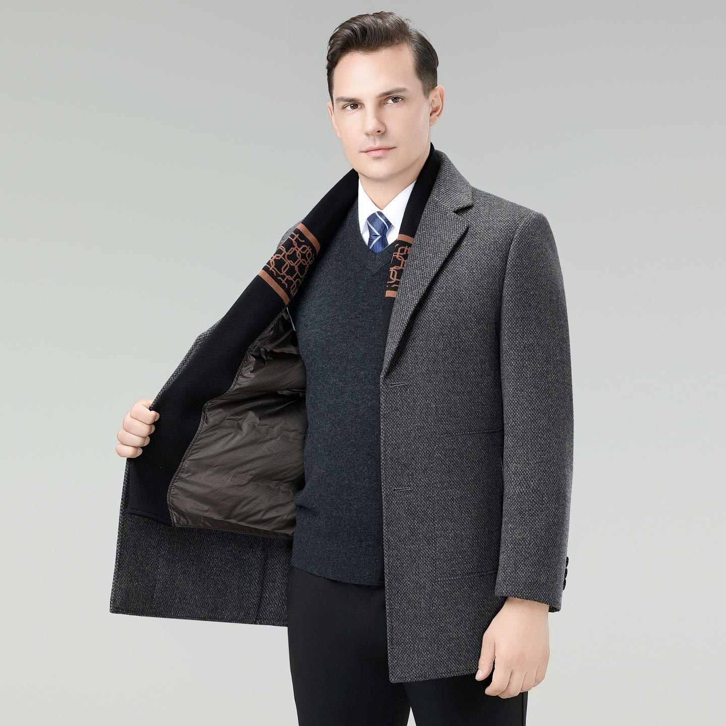 新款JIC双面尼羊绒外套中羊长款西装领羽绒胆毛内呢大衣外套子男