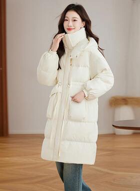 女式羽绒服冬季松新长款过宽连HE99808-帽加膝厚白款鸭绒保暖外套