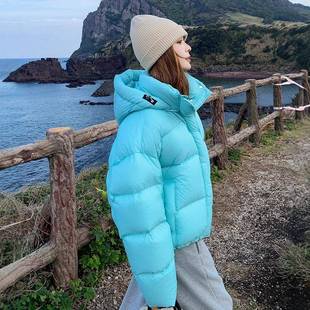 湖蓝色泡芙连短款羽绒服帽冬025新款韩版休闲保暖C183-Y8190白女