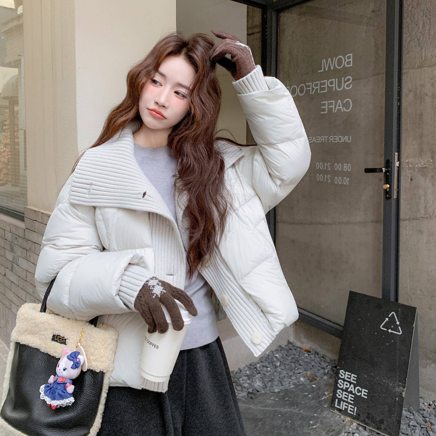 织拼接羽绒服冬季新款小子c012-857短款洋个气别致女设计感白鸭针