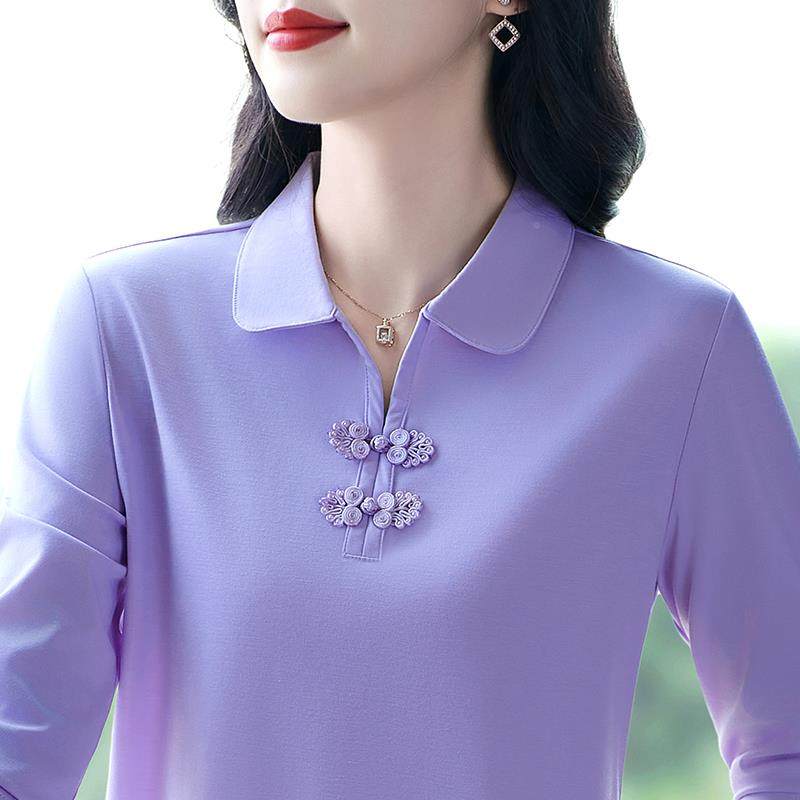 新中式国风袖t恤女春秋减龄妈87364466衫妈poo纯长色百搭宽松l上