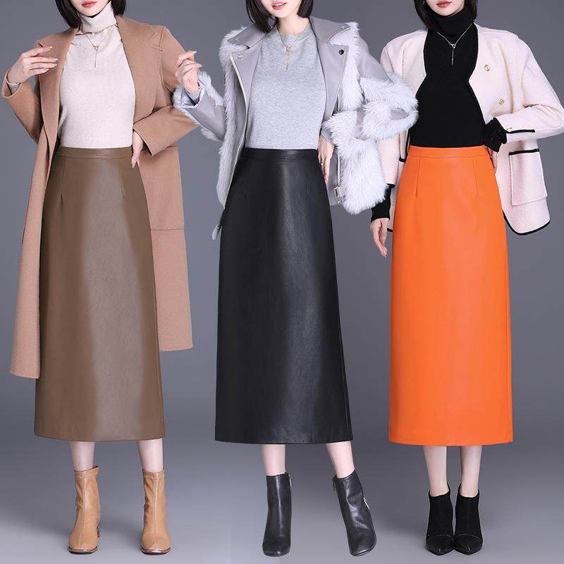 绵羊皮裙半身裙女024新秋2冬款高腰A字裙显一瘦包臀裙开叉步22595