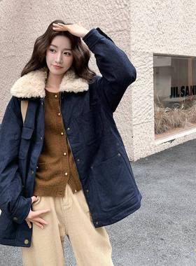 深蓝色日系浪风甜酷羽绒2服女b005-6110025冬季新款毛绒拼接漫9白