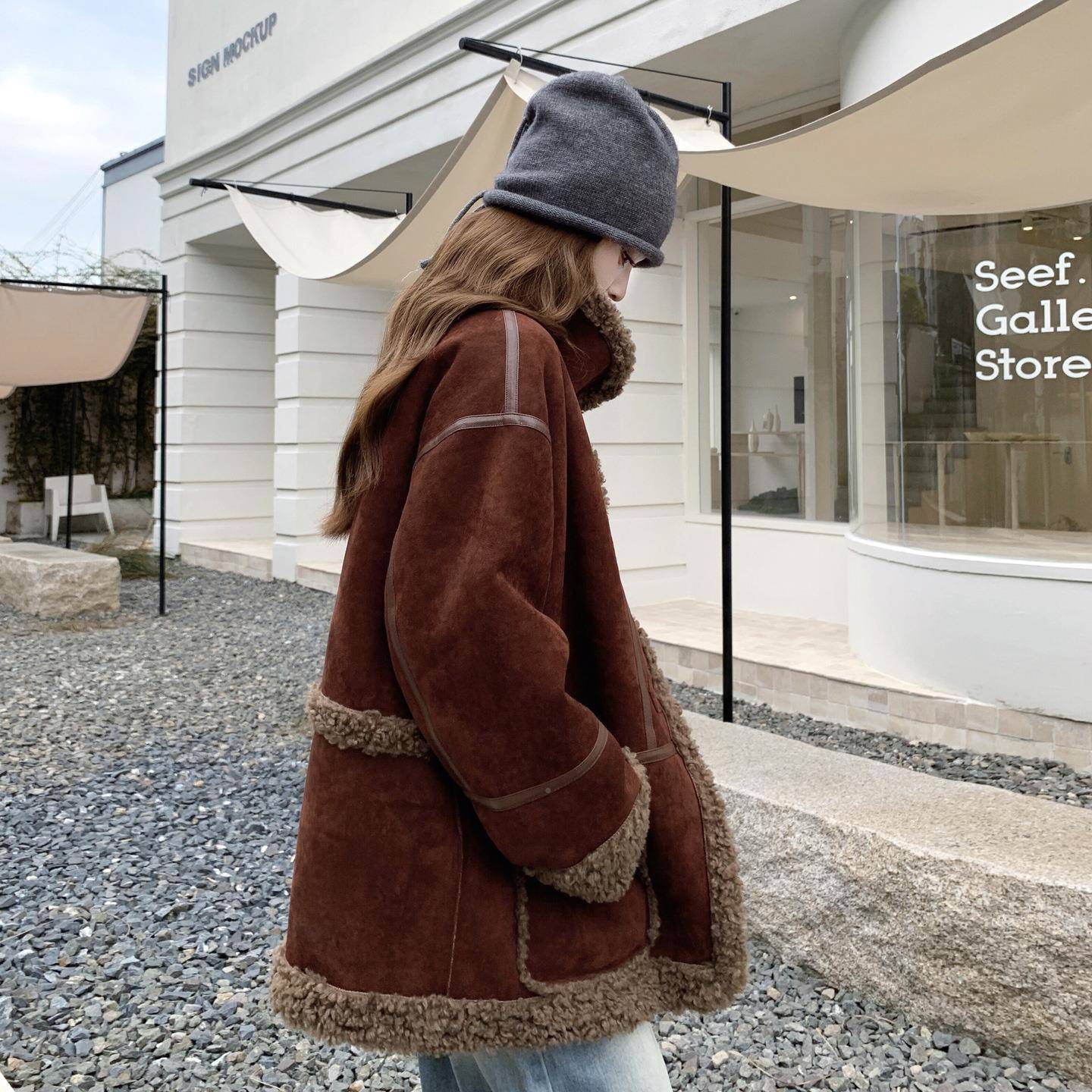 安可拉b203-955红两穿毛羊羔毛外套女面皮冬2025新款韩版小个子仿