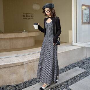 2025秋新Y2528-08款女装针织外套格子修身吊带长衣裙件套连裙女