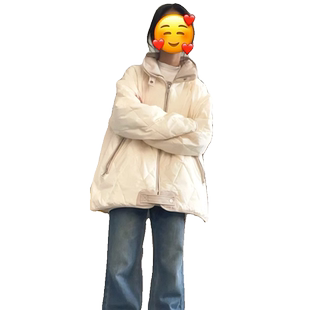 复古菱形格羽绒棉服女2023冬季新款立领棉袄ins潮棉衣外套学院风