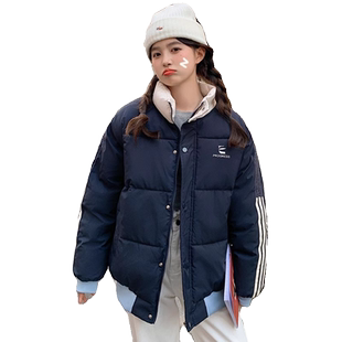 ins棉袄女条纹三条杠棉服女学生2023冬季撞色刺绣学院风棉衣外套