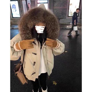 2025新款设计感宽松派克服羽绒棉服女短款韩版牛角扣带毛领外套女