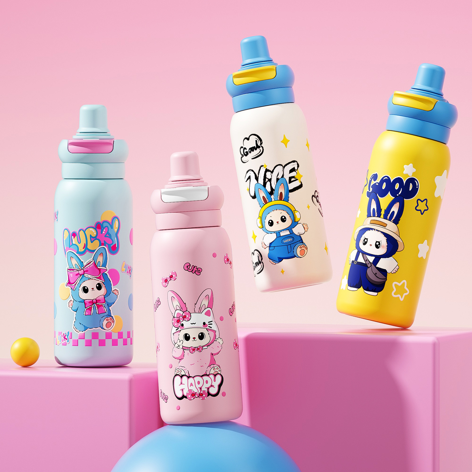 新款拉布布水壶双饮吸管女神杯不锈钢可爱卡通保温杯提手运动