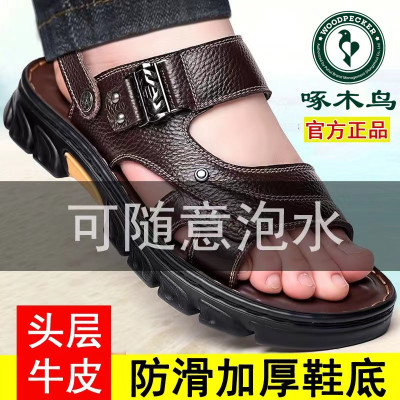 啄木鸟凉鞋男真皮防滑夏季新款透气休闲百搭沙滩鞋爸爸皮凉拖鞋子