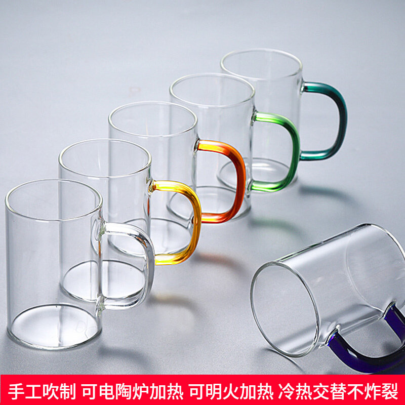 耐高温玻璃杯口杯泡茶杯500ml大容量圆形彩色带把水杯家庭待客杯