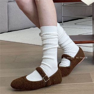 棉鞋 毛绒一字带浅口圆头加绒玛丽珍平底毛毛鞋 冬季 韩国东大门代购
